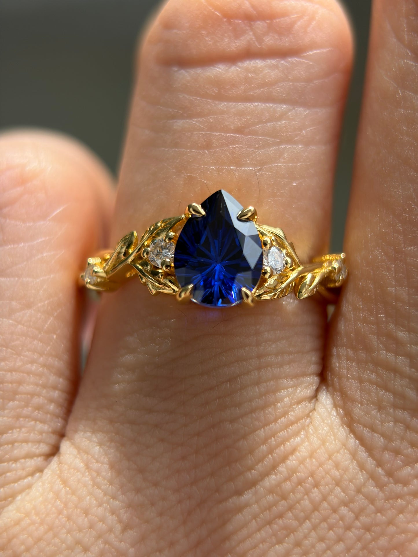Midnight Ivy Non-traditional Engagement Ring with pear lab blue sapphire 14K yellow gold