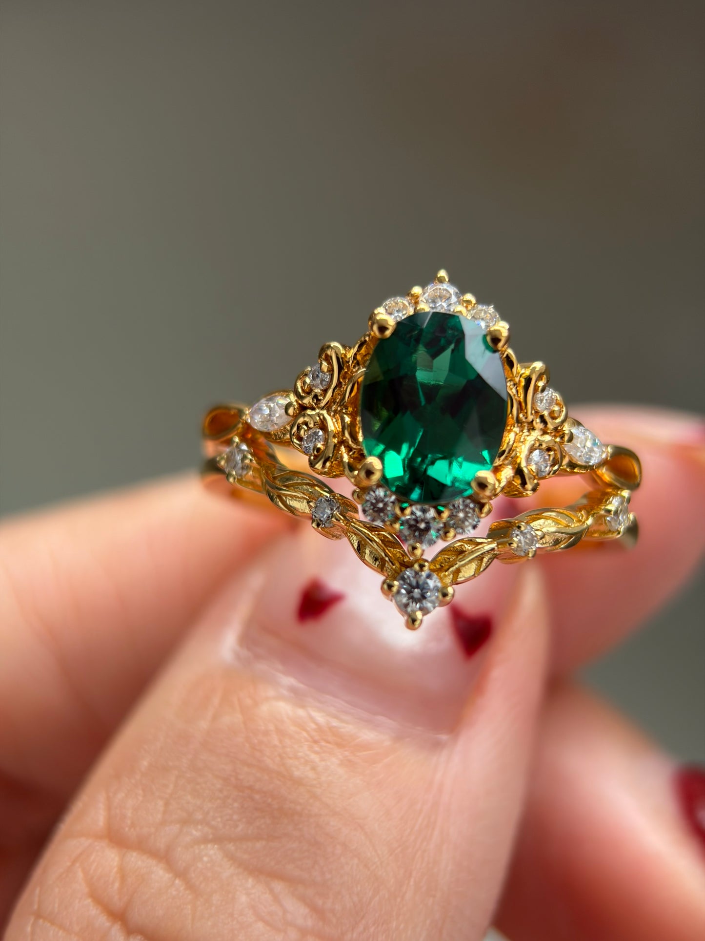 Forest Empress Non-traditional Engagement Ring with oval lab emerald 18k gold