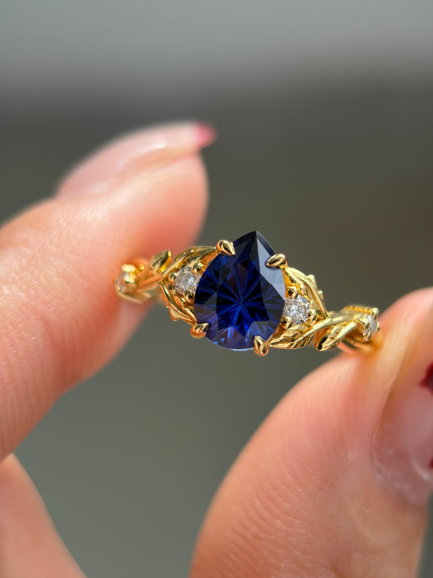 Midnight Ivy Non-traditional Engagement Ring with pear lab blue sapphire 14K yellow gold