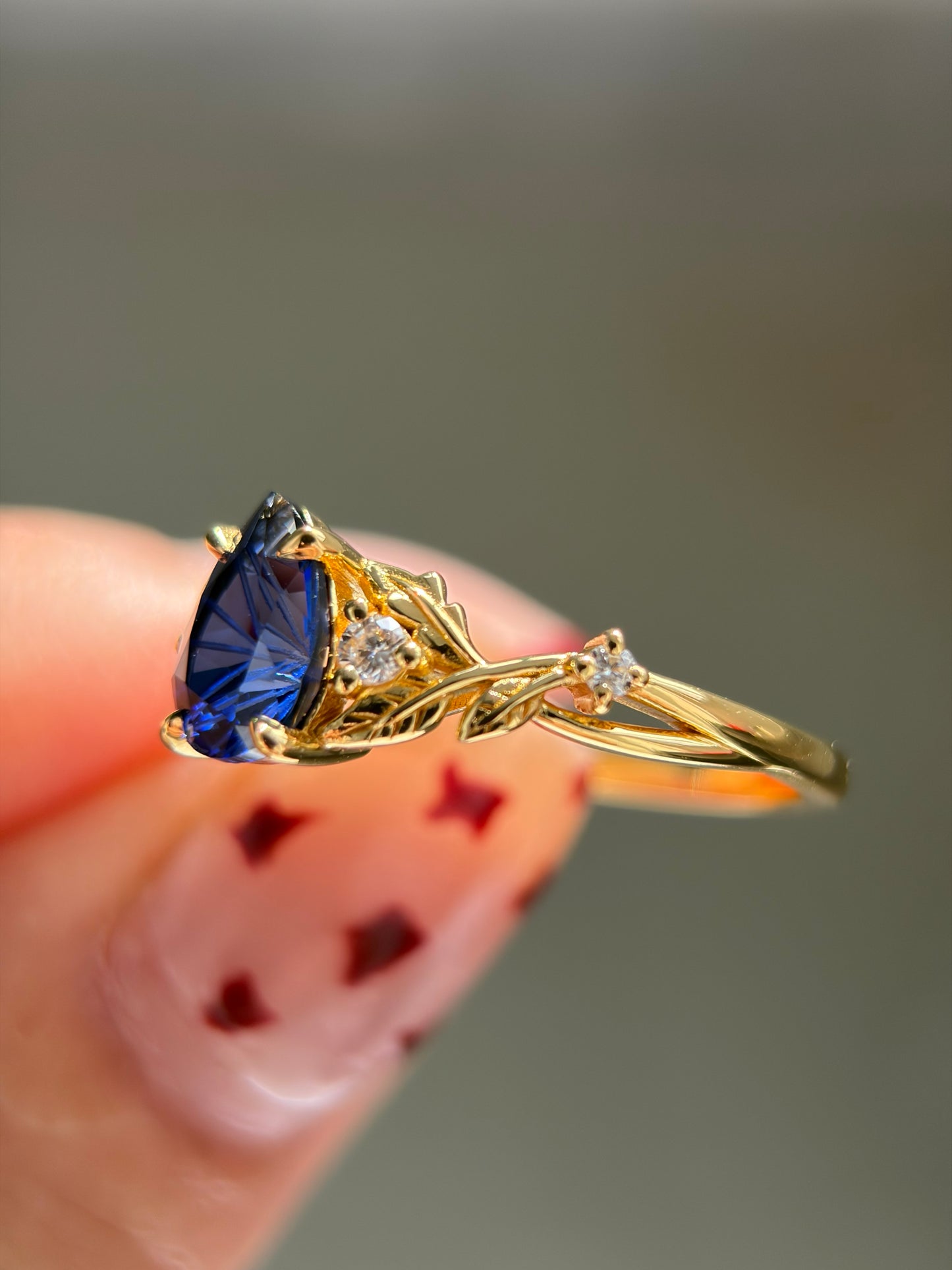 Midnight Ivy Non-traditional Engagement Ring with pear lab blue sapphire 14K yellow gold