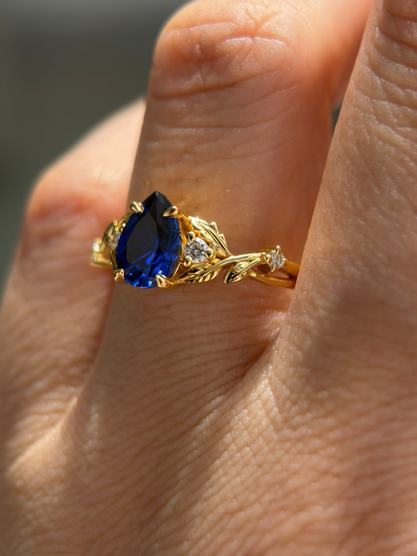 Midnight Ivy Non-traditional Engagement Ring with pear lab blue sapphire 14K yellow gold