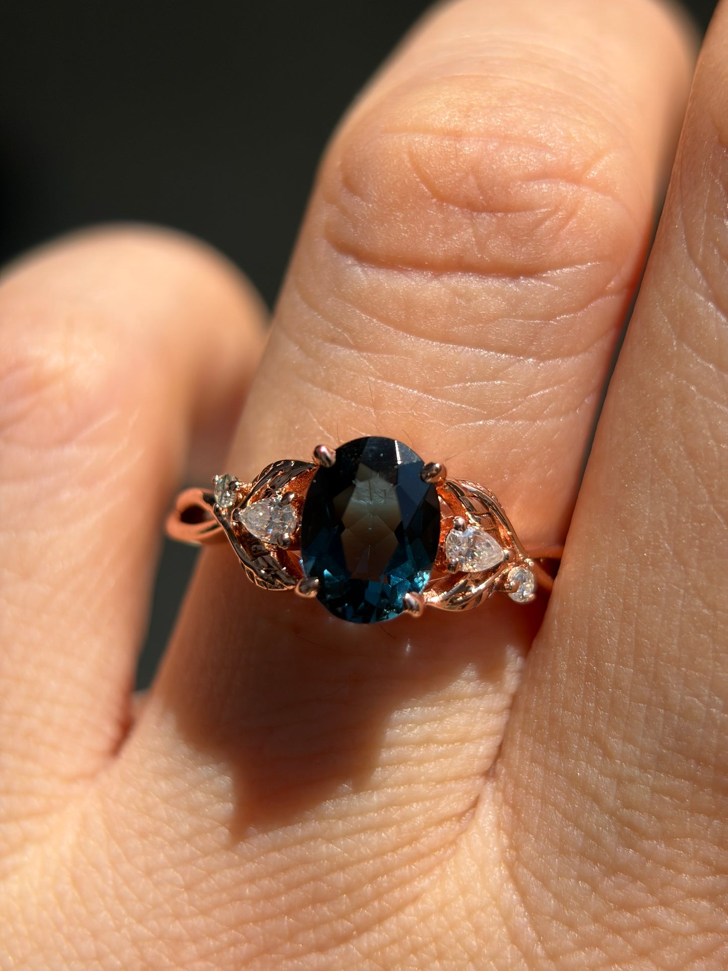 Celestial Ivy Non-traditional Engagement Ring with oval lab blue topaz 14K rose gold