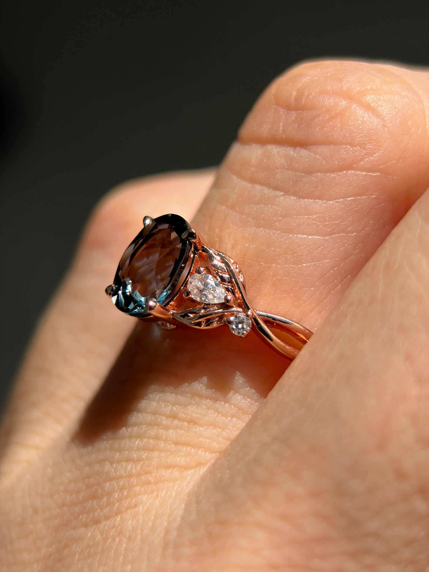 Celestial Ivy Non-traditional Engagement Ring with oval lab blue topaz 14K rose gold