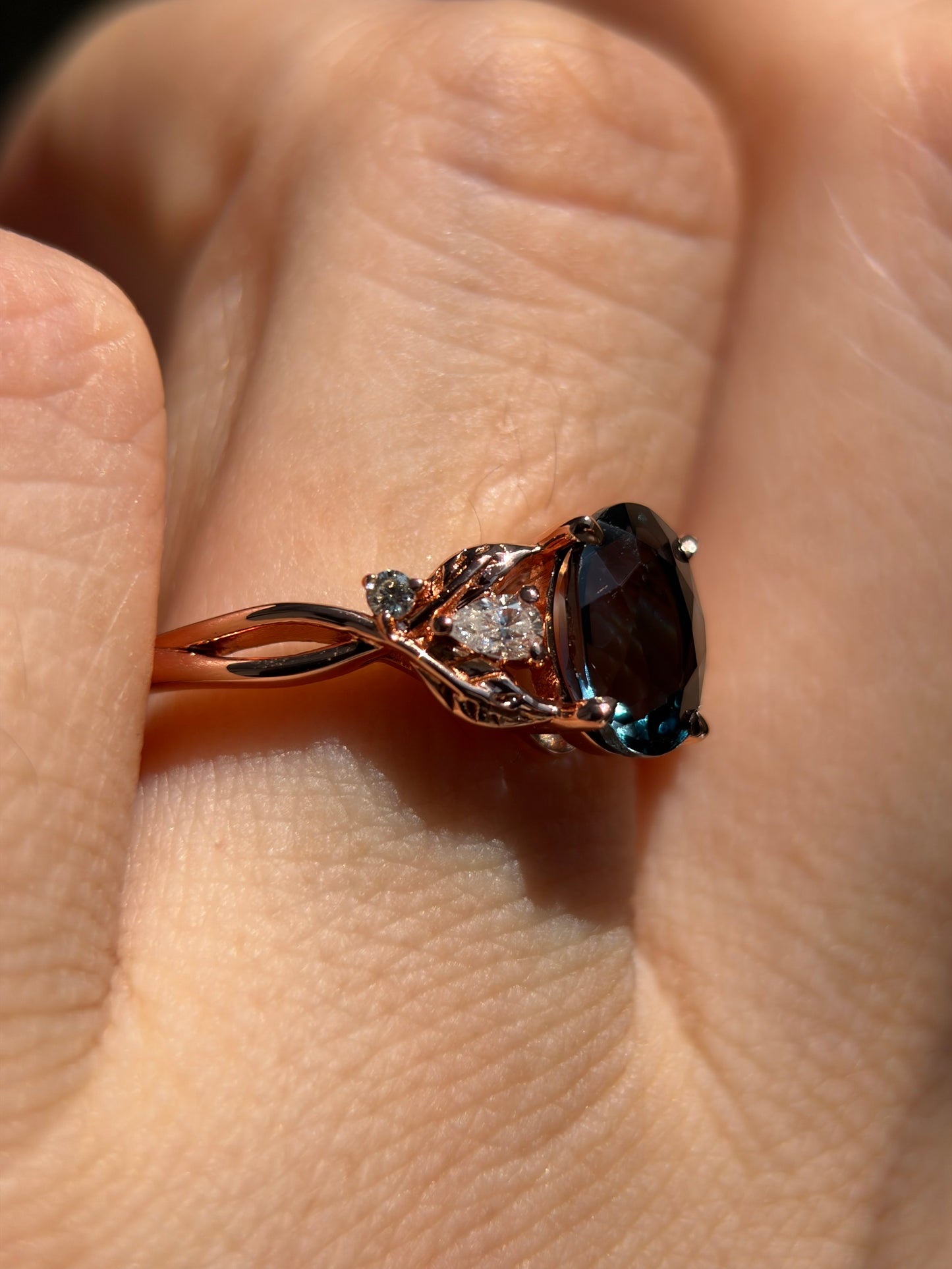 Celestial Ivy Non-traditional Engagement Ring with oval lab blue topaz 14K rose gold