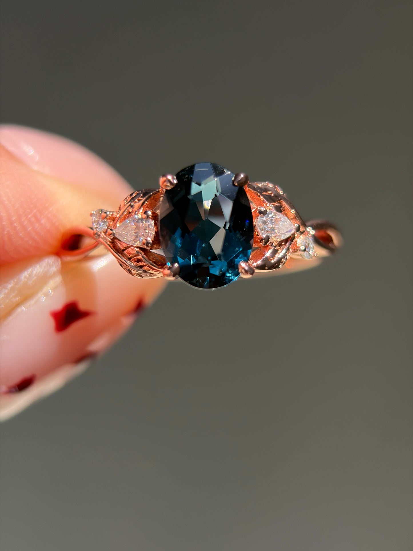 Celestial Ivy Non-traditional Engagement Ring with oval lab blue topaz 14K rose gold