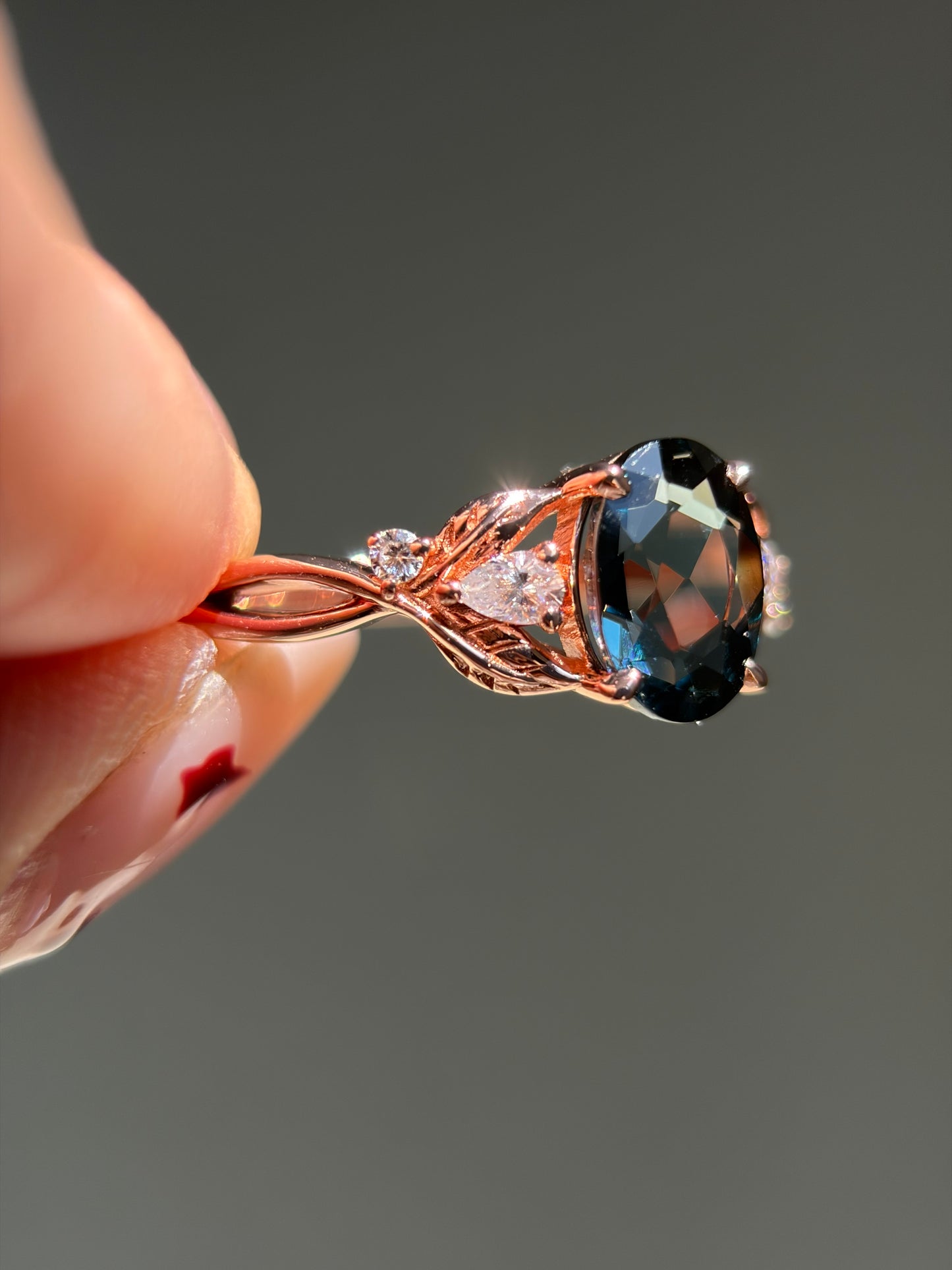 Celestial Ivy Non-traditional Engagement Ring with oval lab blue topaz 14K rose gold