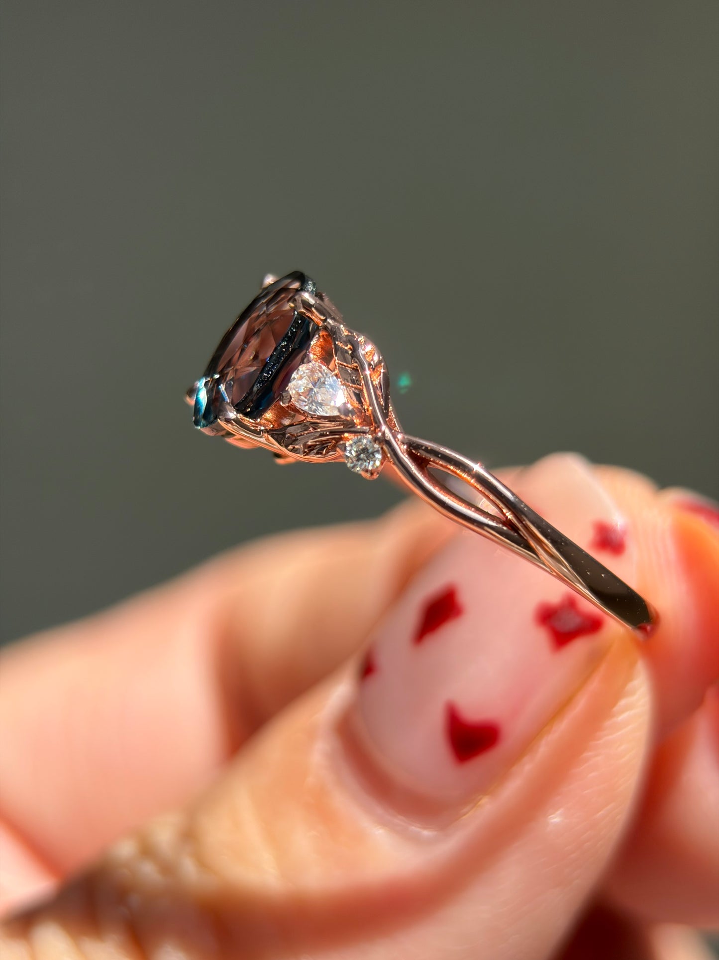 Celestial Ivy Non-traditional Engagement Ring with oval lab blue topaz 14K rose gold