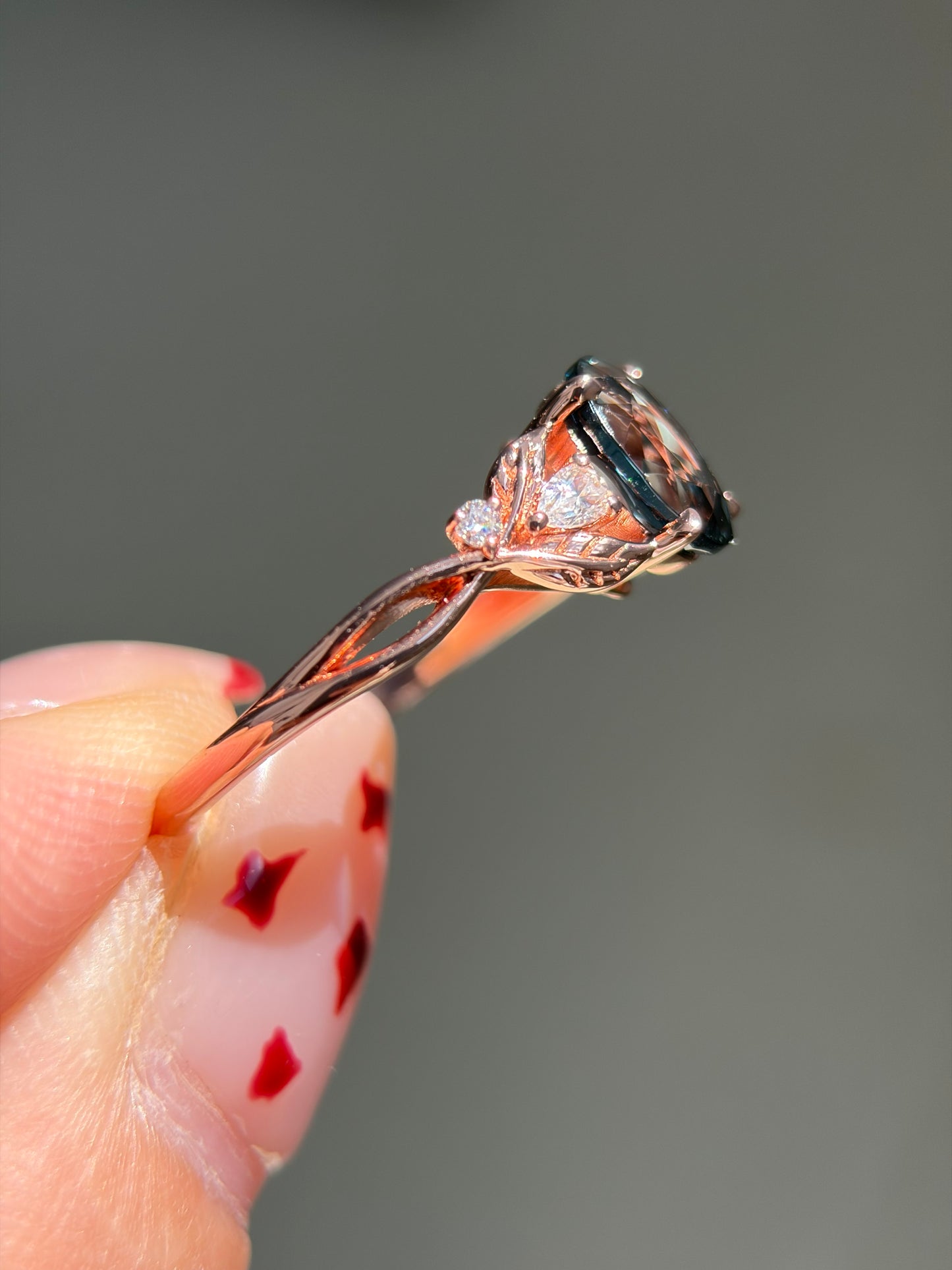 Celestial Ivy Non-traditional Engagement Ring with oval lab blue topaz 14K rose gold
