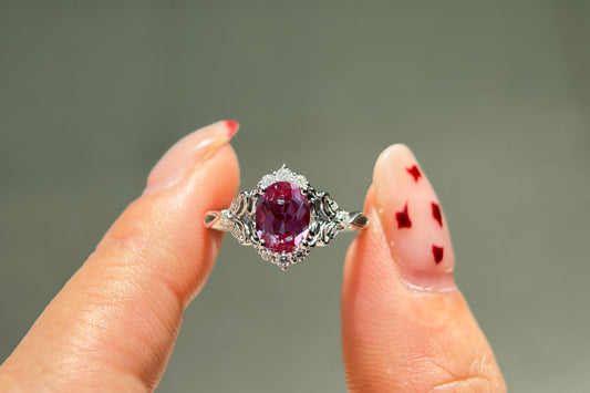 Twilight Empress Non-traditional Engagement Ring with oval lab alexandrite 14K gold