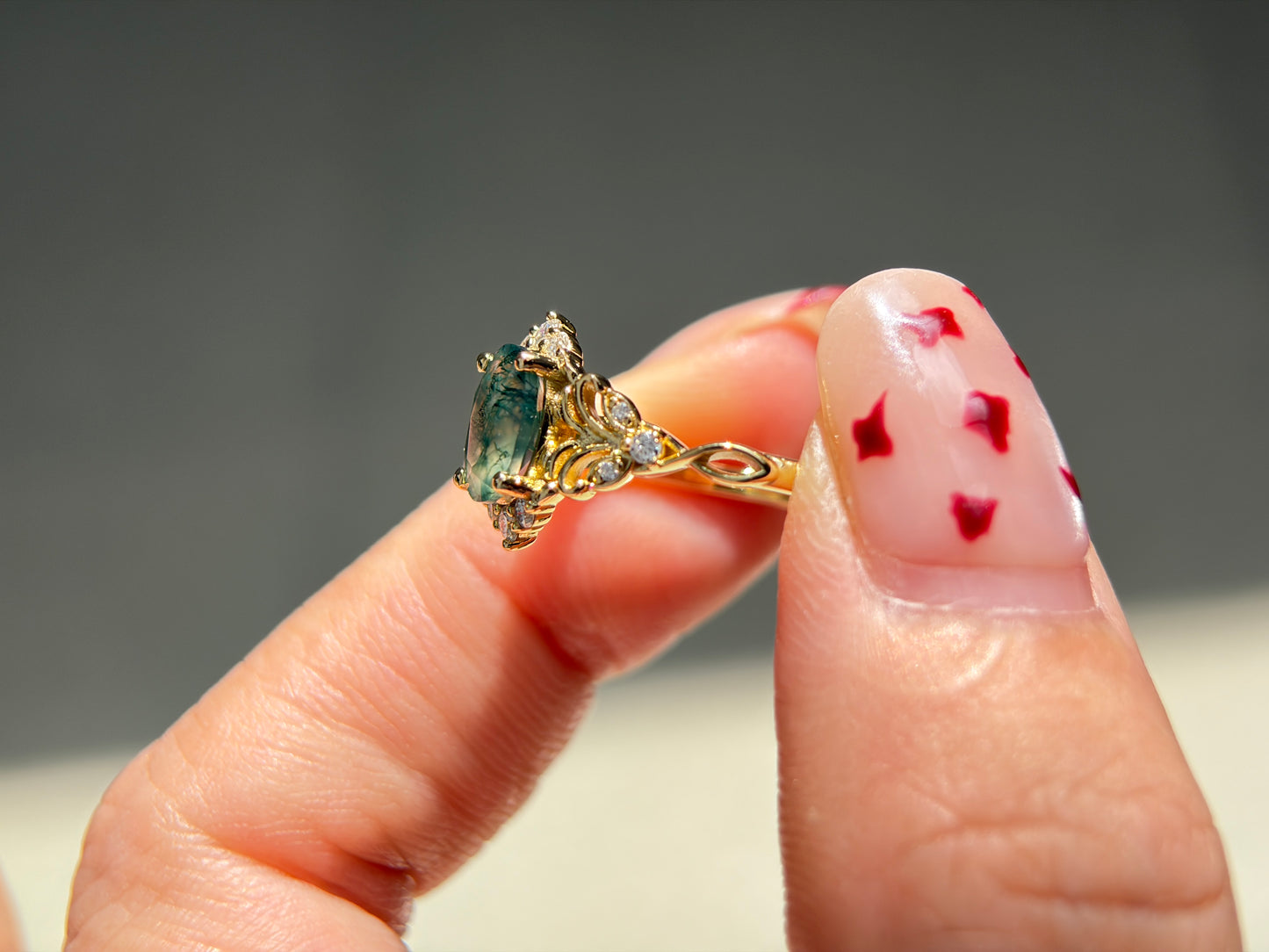 Twilight Empress Non-traditional Engagement Ring with oval Moss Agate 14K gold