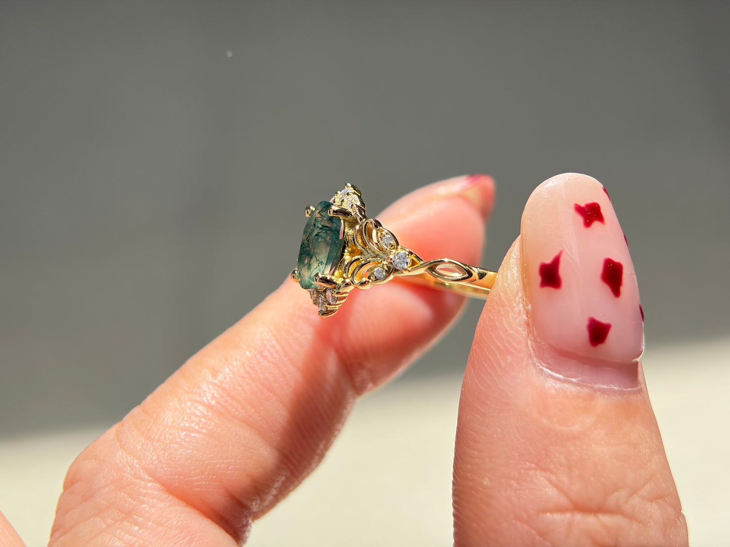 Twilight Empress Non-traditional Engagement Ring with oval Moss Agate 14K gold
