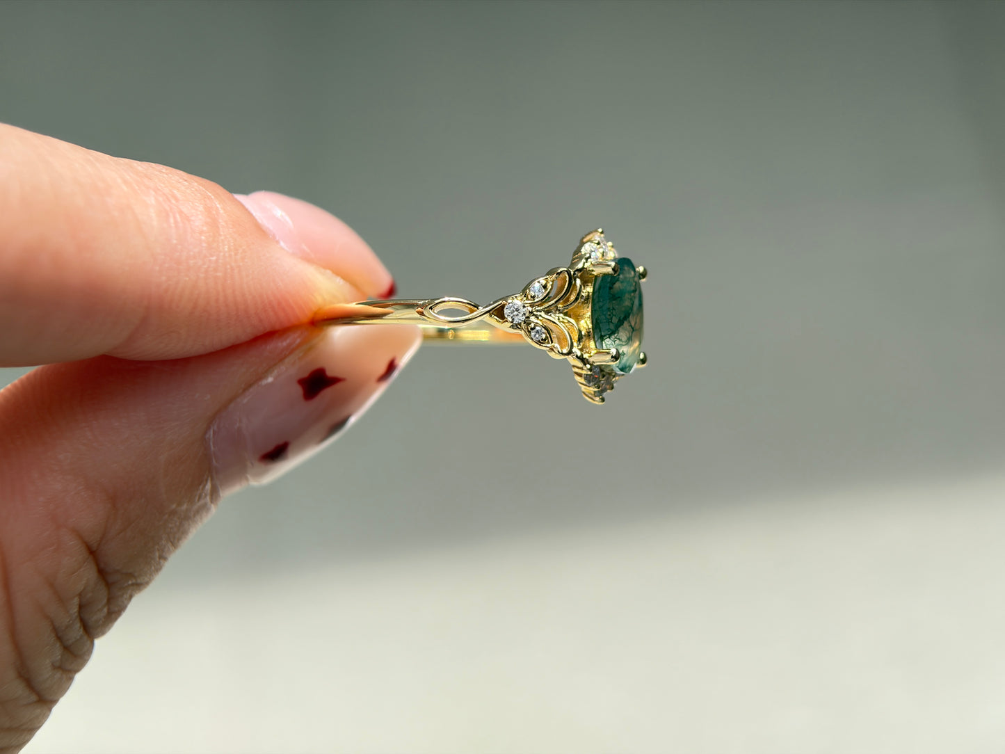 Twilight Empress Non-traditional Engagement Ring with oval Moss Agate 14K gold