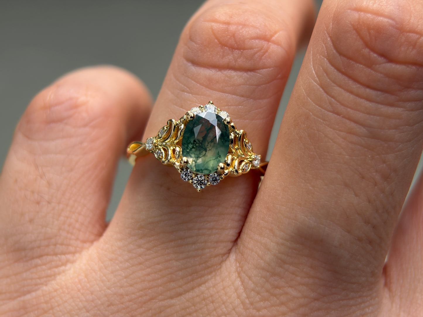 Twilight Empress Non-traditional Engagement Ring with oval Moss Agate 14K gold