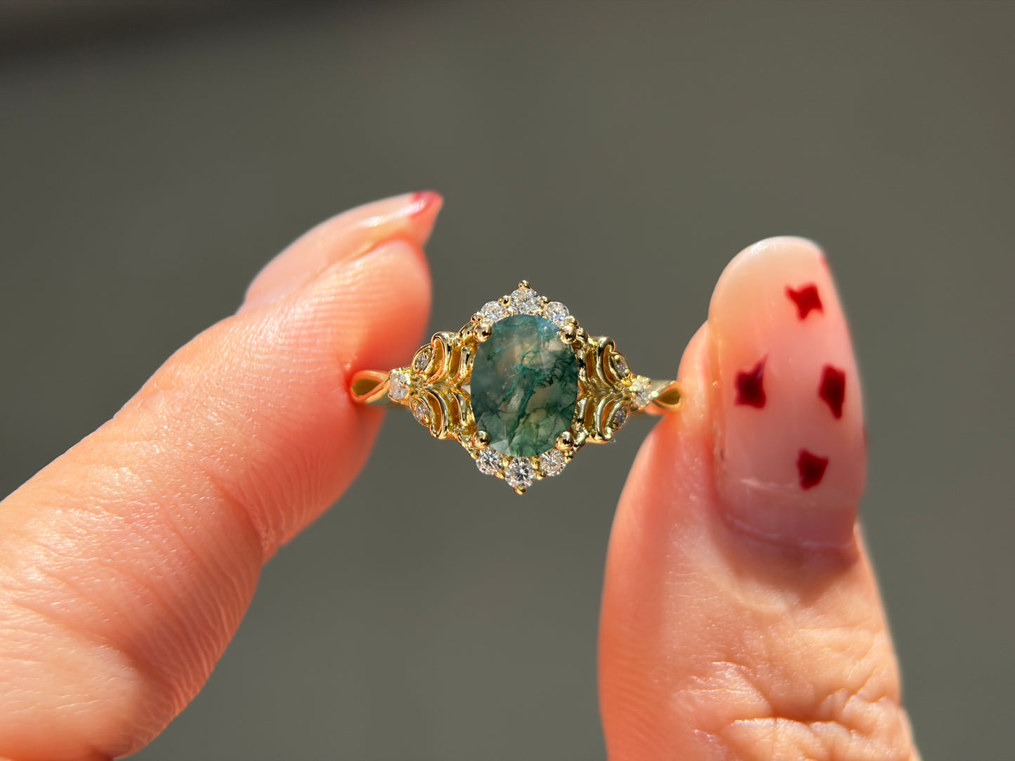 Twilight Empress Non-traditional Engagement Ring with oval Moss Agate 14K gold