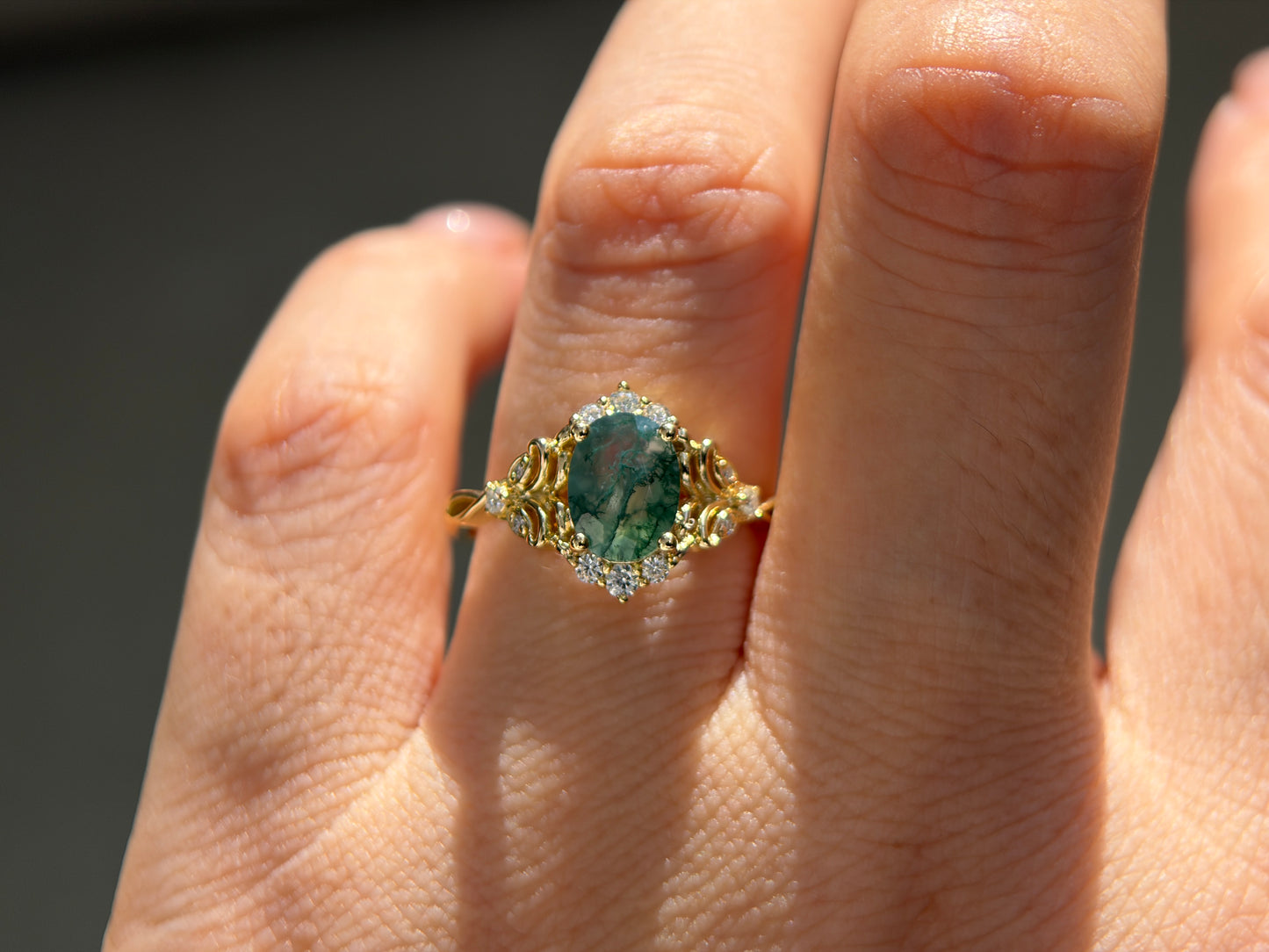 Twilight Empress Non-traditional Engagement Ring with oval Moss Agate 14K gold