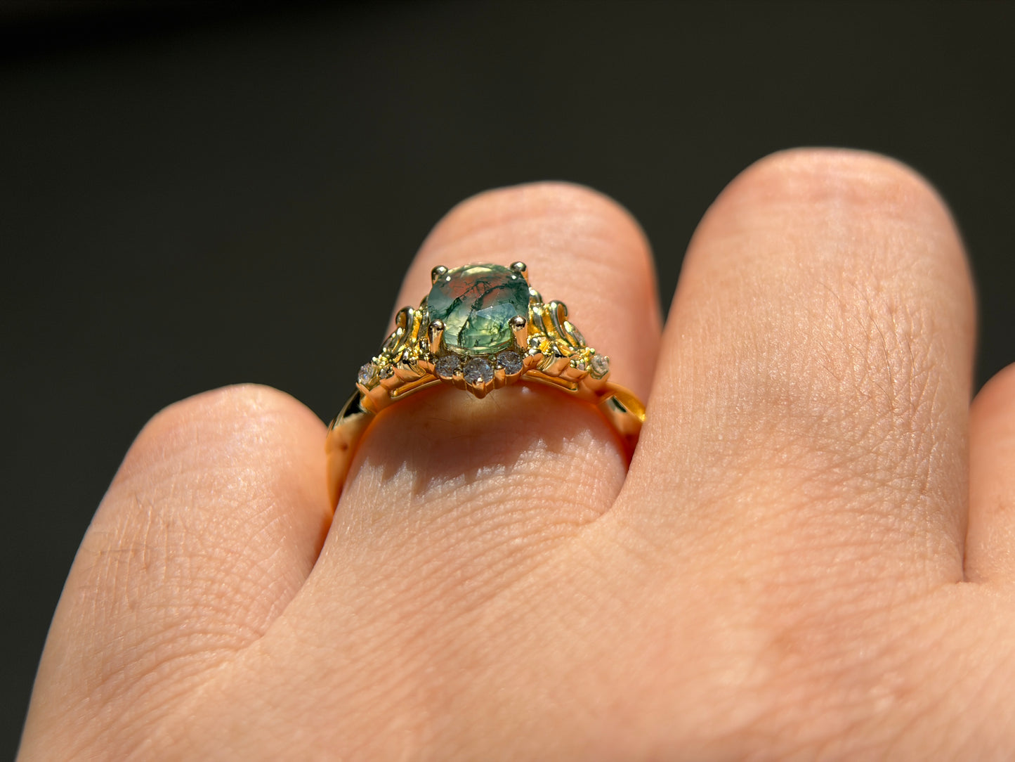 Twilight Empress Non-traditional Engagement Ring with oval Moss Agate 14K gold