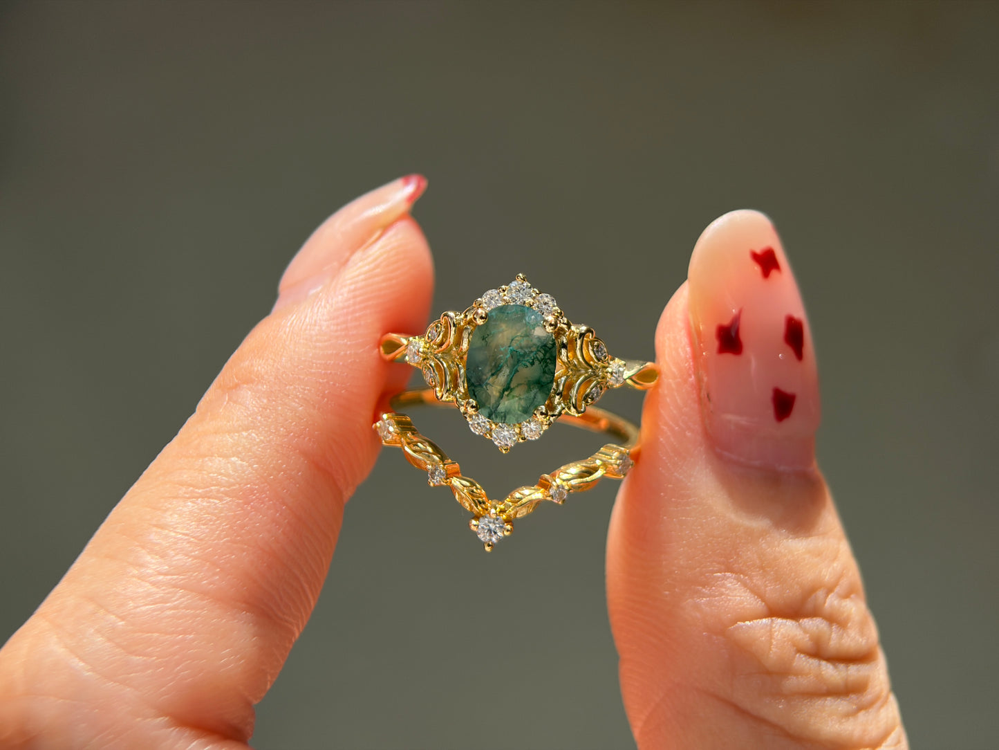 Twilight Empress Non-traditional Engagement Ring with oval Moss Agate 14K gold