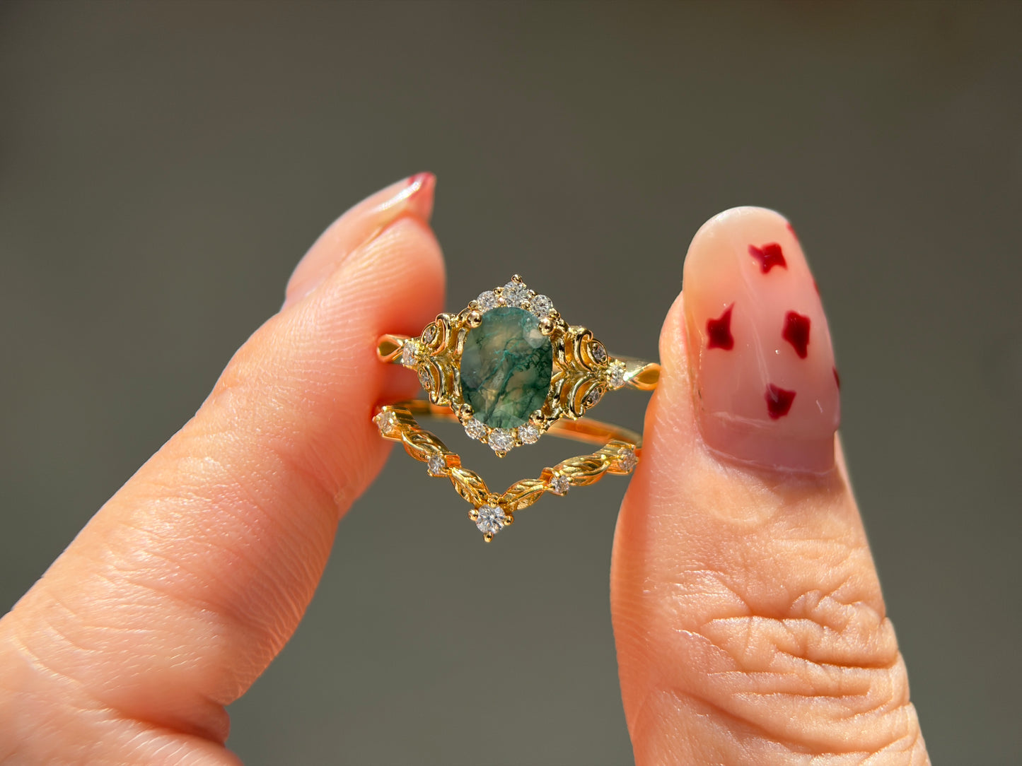 Twilight Empress Non-traditional Engagement Ring with oval Moss Agate 14K gold