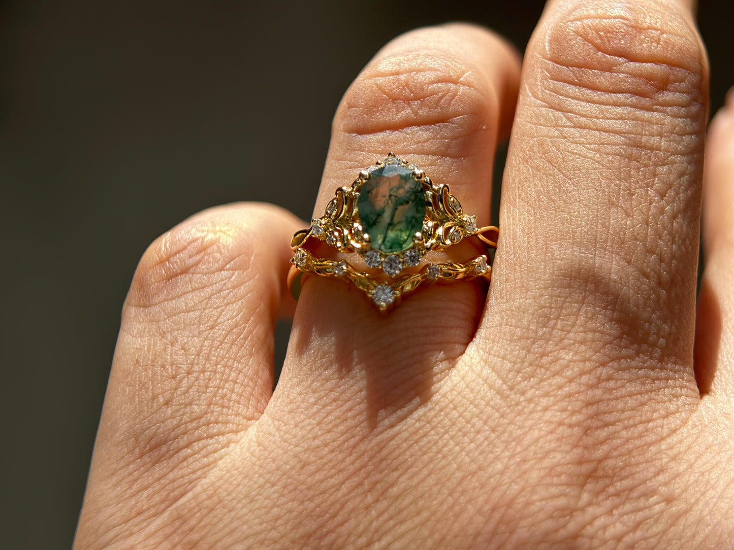 Twilight Empress Non-traditional Engagement Ring with oval Moss Agate 14K gold