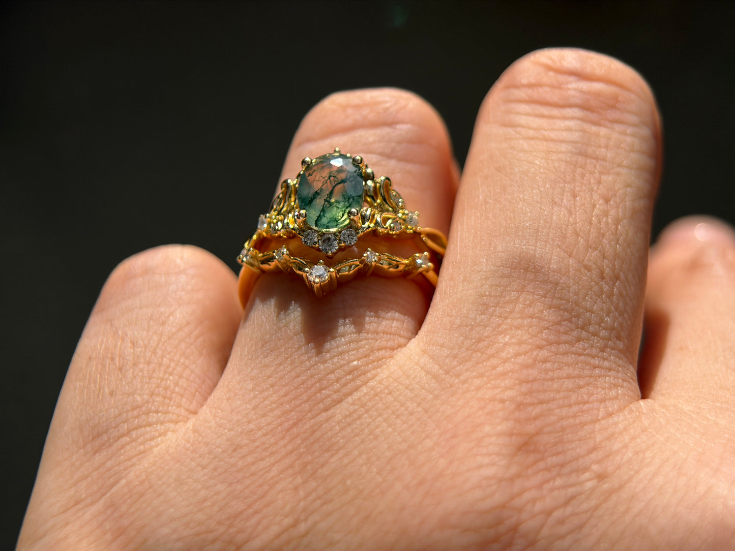 Twilight Empress Non-traditional Engagement Ring with oval Moss Agate 14K gold
