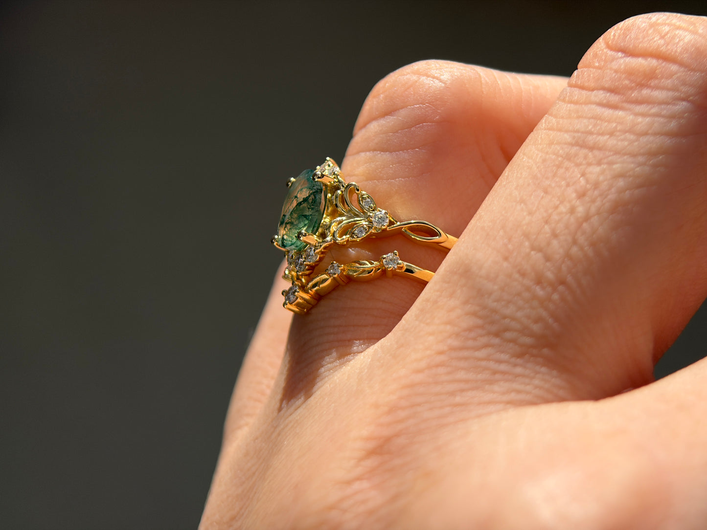 Twilight Empress Non-traditional Engagement Ring with oval Moss Agate 14K gold