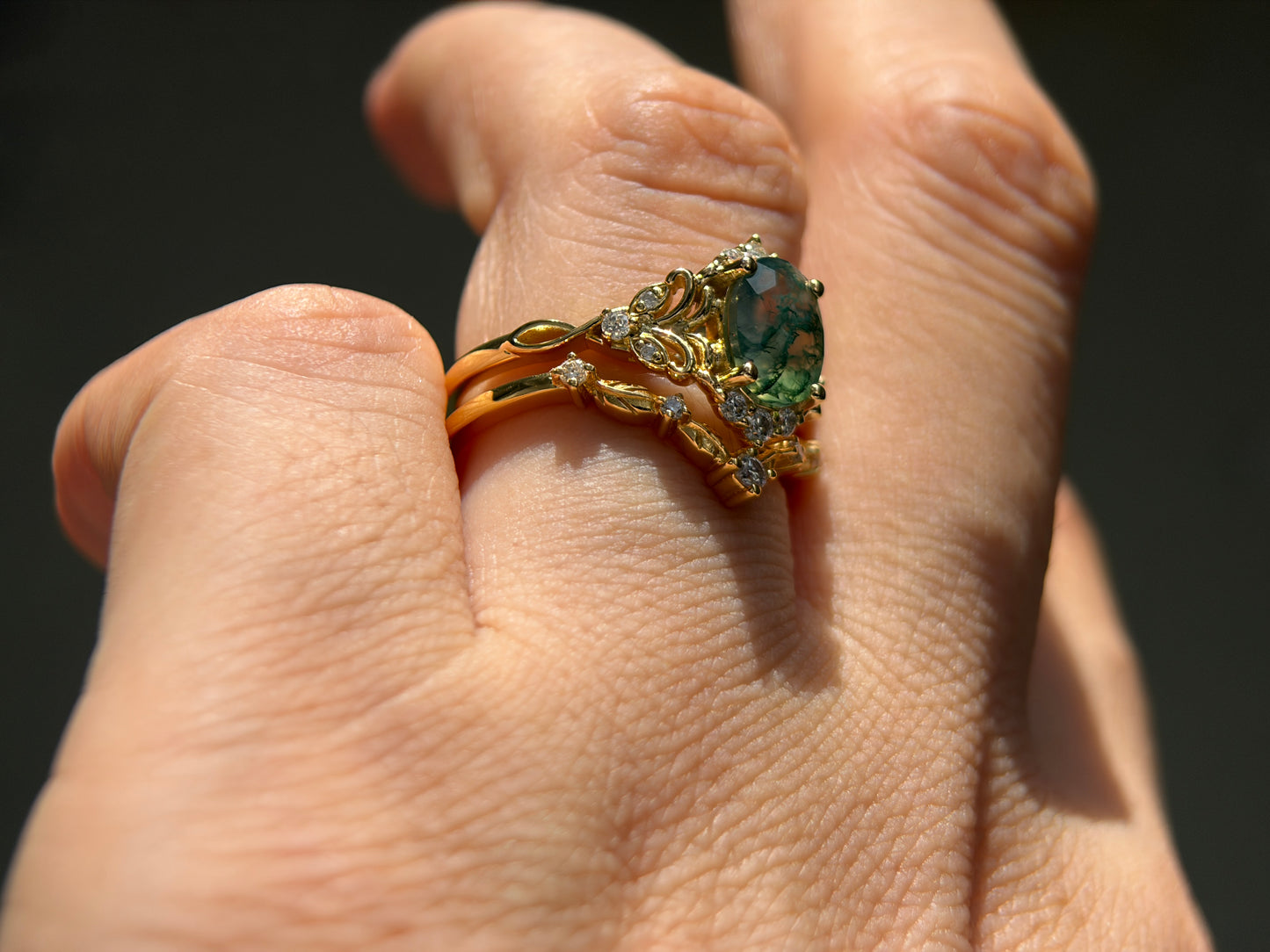 Twilight Empress Non-traditional Engagement Ring with oval Moss Agate 14K gold
