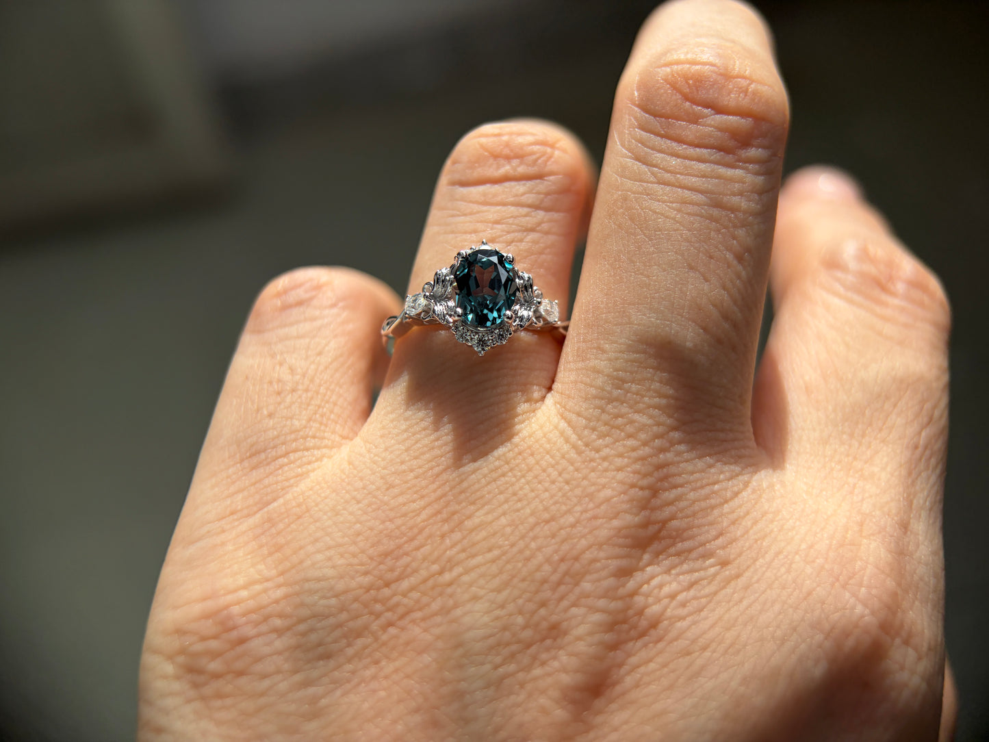 Abyss Crown Non-traditional Engagement Ring with oval lab green sapphire 14K gold