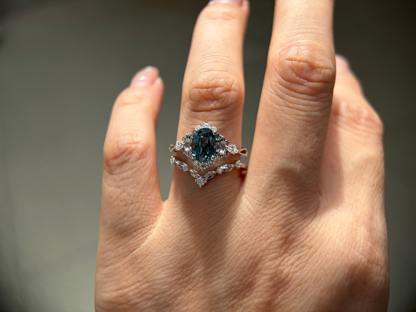 Abyss Crown Non-traditional Engagement Ring with oval lab green sapphire 14K gold