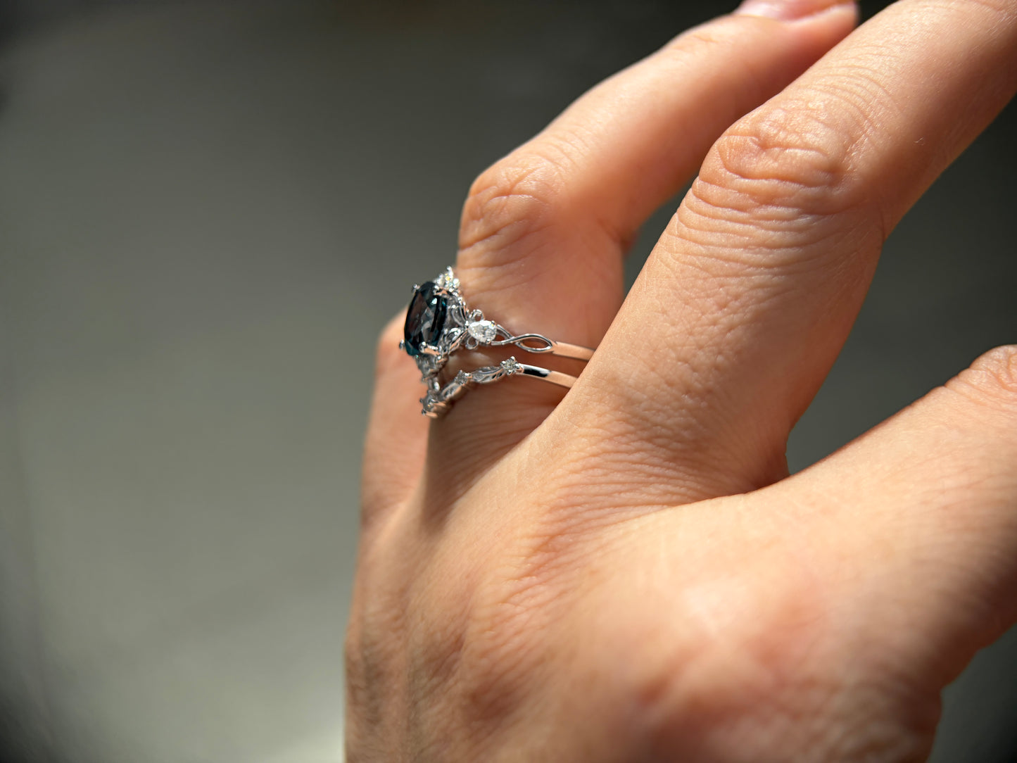 Abyss Crown Non-traditional Engagement Ring with oval lab green sapphire 14K gold